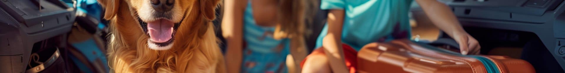 Enfants et chien dans voiture, prêts à voyager.
